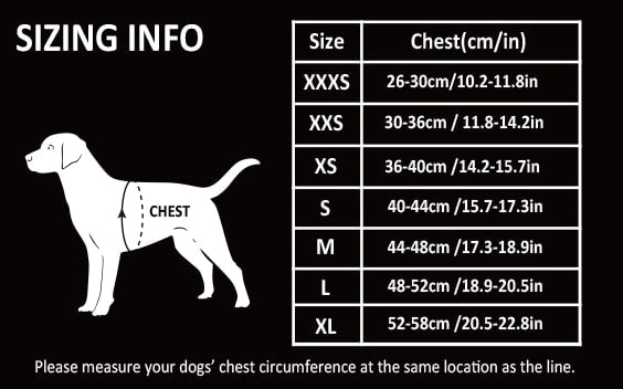 Truelove dog harness size chart